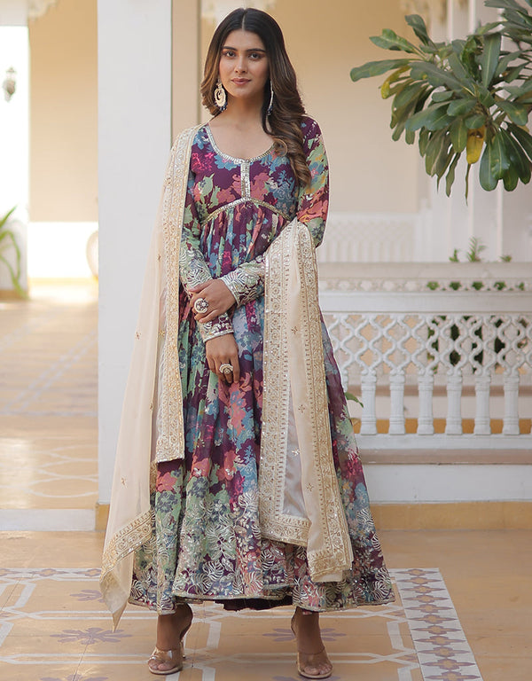 russian silk designer party wear & readymade gown with dupatta gown with digital printed, embroidery work and cream dupatta of-13706-acy4371 Front View