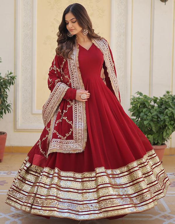 faux georgette designer party wear & readymade gown with dupatta gown with designer jari,sequance embroidery work and maroon dupatta of-13706-acy4372 Front View