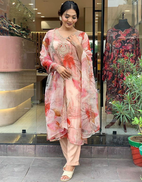 stylish peach organza trendy fashioner readymade suit collection with peach viscose rayon of-13707-acy4373 Front View