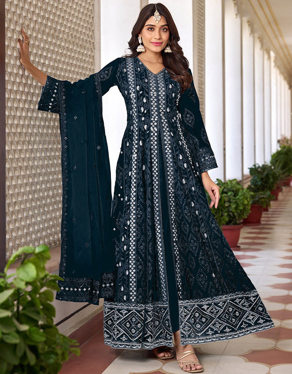chic teal blue faux georgette attrective designer party wear salwar suit with teal blue dull santoon of-13712-acy4400 Front View