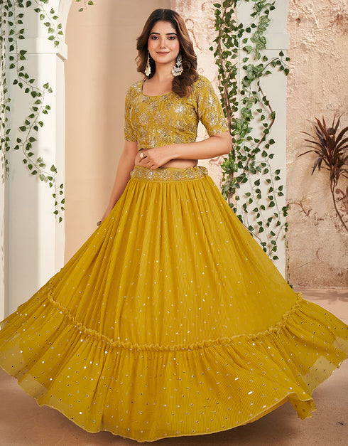 sophisticated mustard faux georgette traditional wear heavy lehenga choli collection with mustard faux georgette of-13717-acy4434 Back View