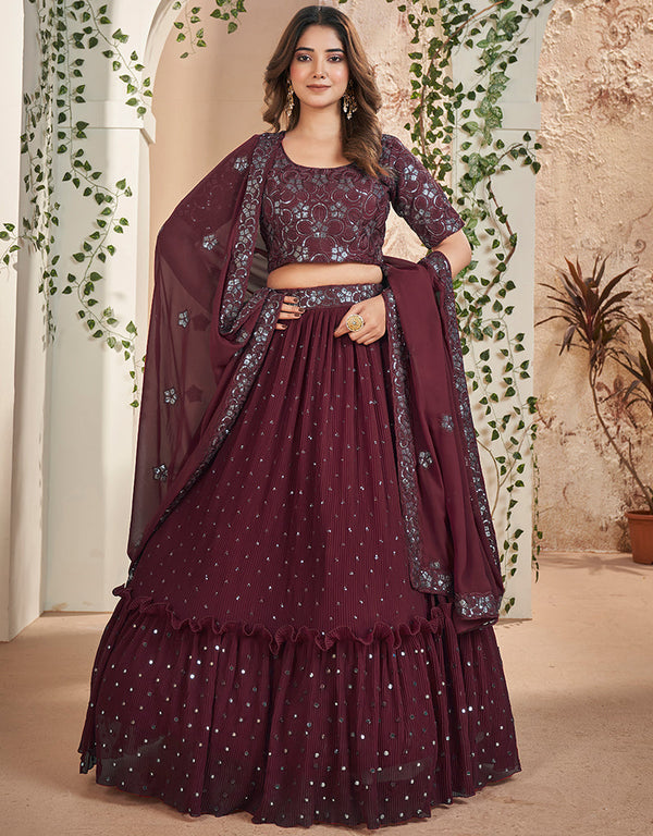 contemporary maroon faux georgette traditional wear heavy lehenga choli collection with maroon faux georgette of-13717-acy4436 Front View
