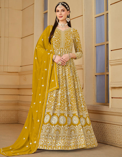 classy mustard faux georgette attrective designer party wear salwar suit with mustard santoon of-13719-acy4442 Front View