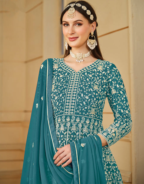 chic teal blue faux georgette attrective designer party wear salwar suit with teal blue santoon of-13719-acy4444 Back View