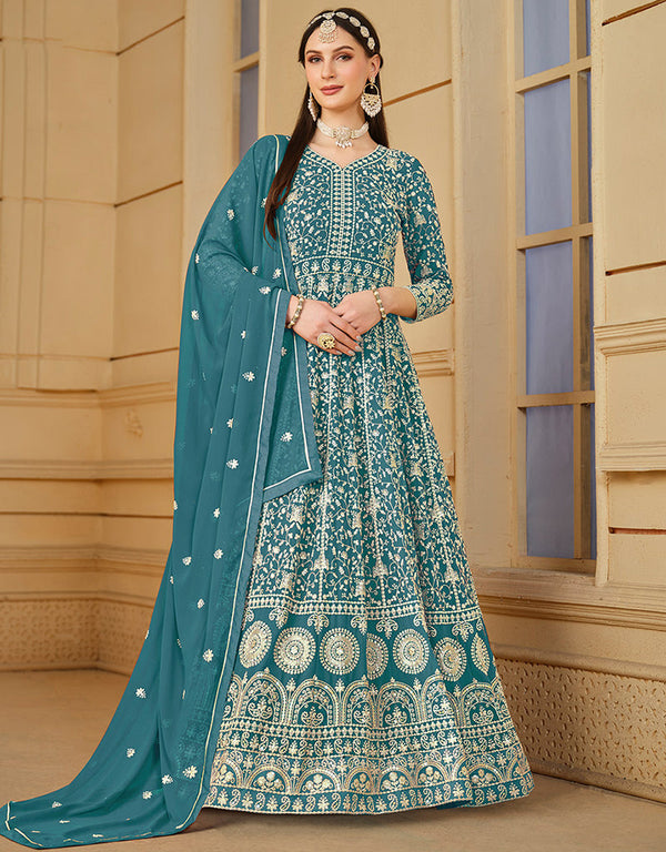 chic teal blue faux georgette attrective designer party wear salwar suit with teal blue santoon of-13719-acy4444 Front View