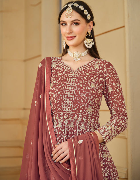 trendy brown faux georgette attrective designer party wear salwar suit with brown santoon of-13719-acy4445 Back View