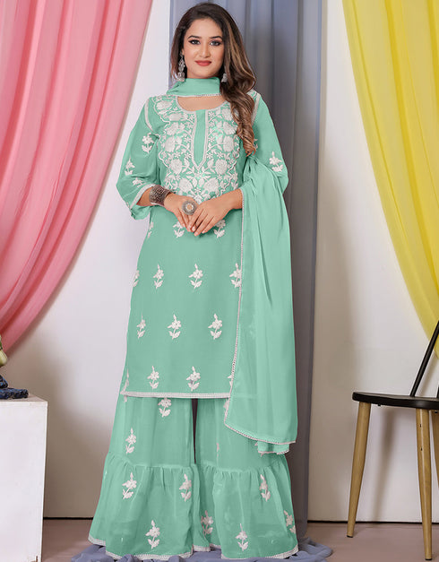 fashionable sea green bamber georgette attrective designer party wear salwar suit with sea green bamber georgette of-13720-acy4447 Front View