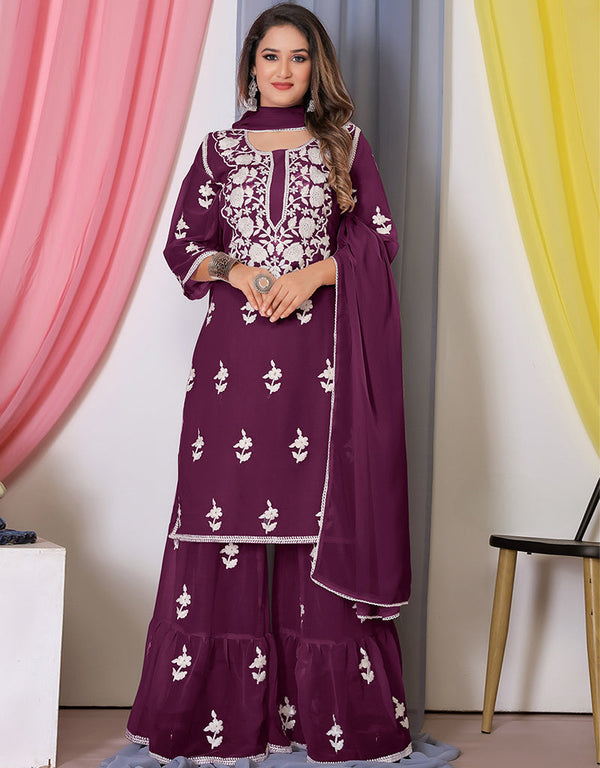 chic wine bamber georgette attrective designer party wear salwar suit with wine bamber georgette of-13726-acy4488 Front View
