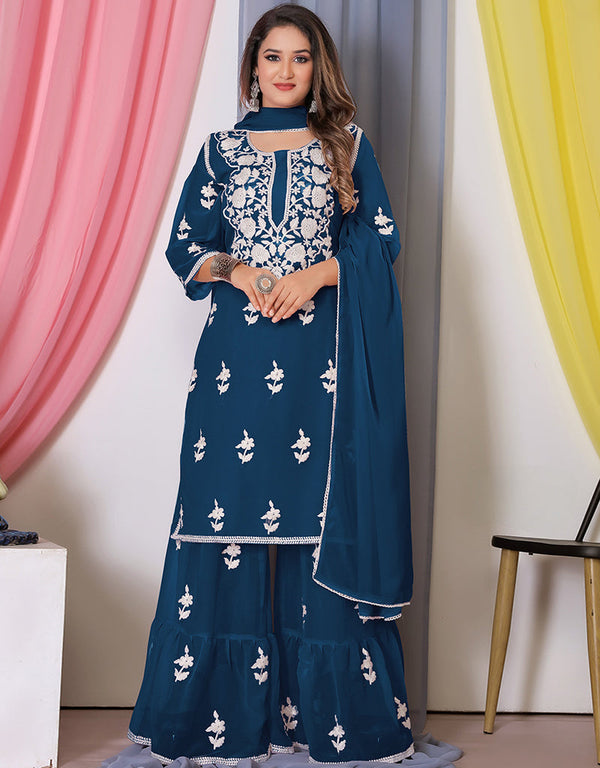 elegant blue bamber georgette attrective designer party wear salwar suit with blue bamber georgette of-13726-acy4490 Front View