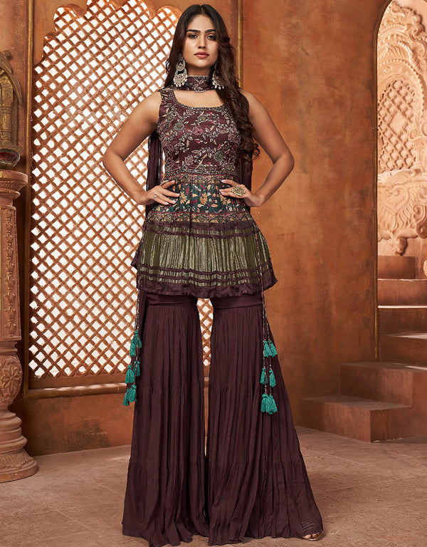 sophisticated wine gajji lagdi patta designer party wear readymade salwar suit with wine georgette of-13727-acy4492 Front View