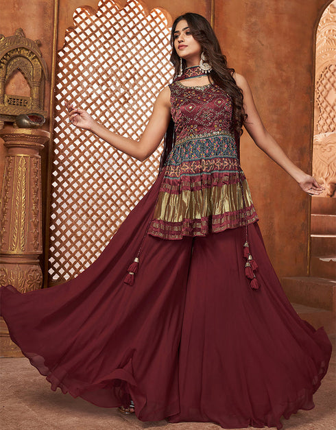 contemporary brown gajji lagdi patta designer party wear readymade salwar suit with brown georgette of-13727-acy4494 Close-up View