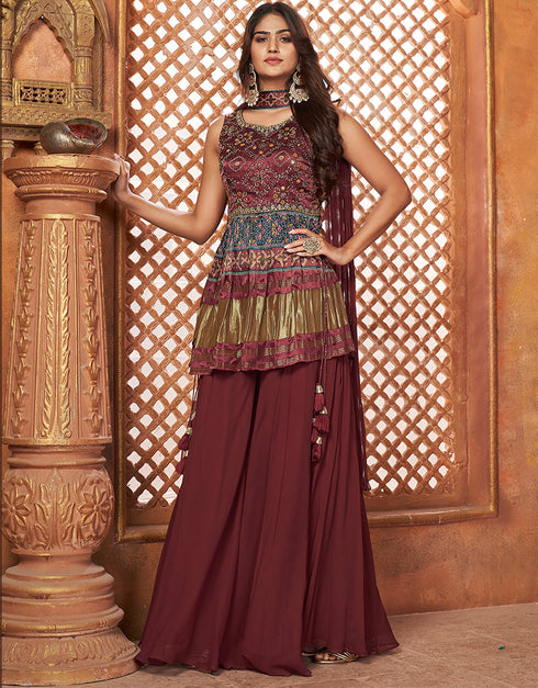 contemporary brown gajji lagdi patta designer party wear readymade salwar suit with brown georgette of-13727-acy4494 Front View