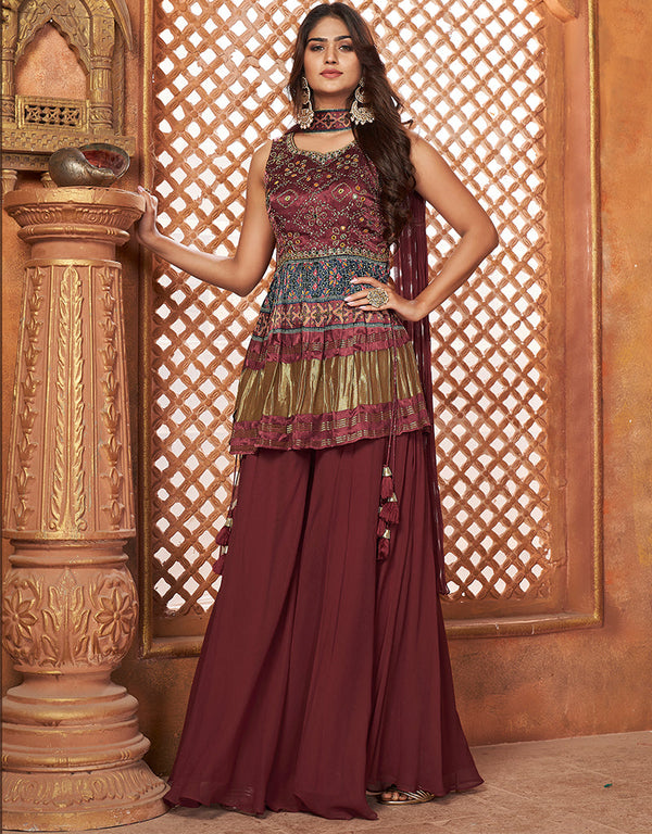 contemporary brown gajji lagdi patta designer party wear readymade salwar suit with brown georgette of-13727-acy4494 Front View