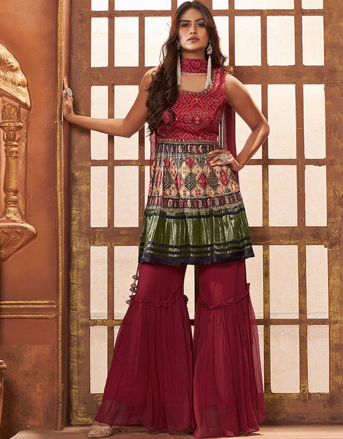 classy maroon gajji lagdi patta designer party wear readymade salwar suit with maroon georgette of-13727-acy4495 Front View