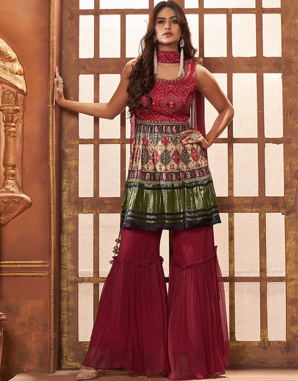 classy maroon gajji lagdi patta designer party wear readymade salwar suit with maroon georgette of-13727-acy4495 Front View