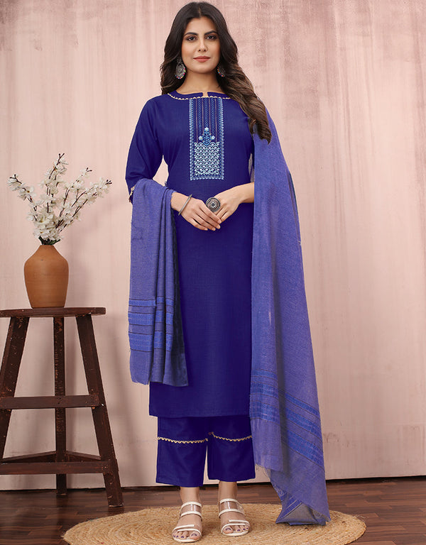 elegant blue cotton slub designer party wear readymade salwar suit with blue cotton slub of-13732-acy4528 Front View