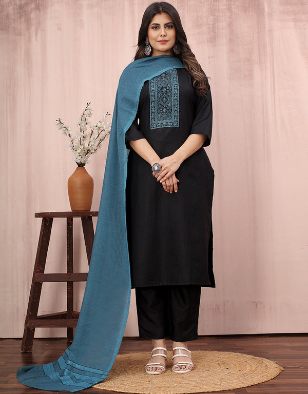 sleek black cotton slub designer party wear readymade salwar suit with black cotton slub of-13732-acy4530 Front View