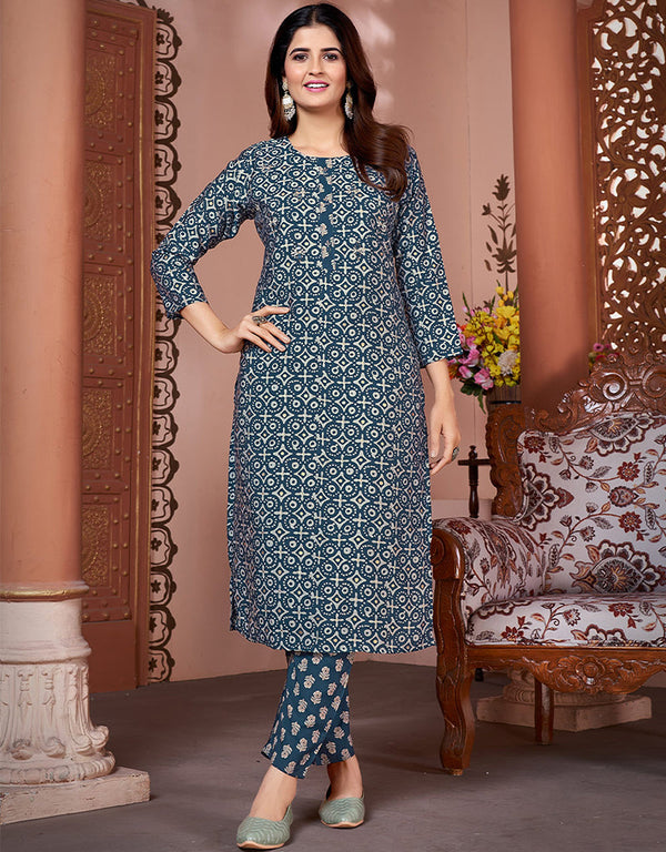 fashionable blue rayon beautiful looking readymade top with bottom set straight design pant of-13736-acy4578 Front View