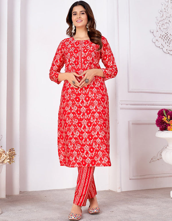 modern red rayon beautiful looking readymade top with bottom set straight design pant of-13736-acy4580 Front View