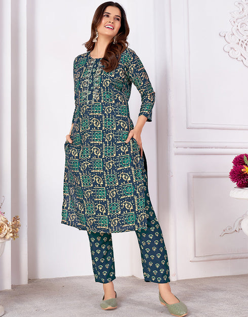 sophisticated teal rayon beautiful looking readymade top with bottom set straight design pant of-13736-acy4581 Front View