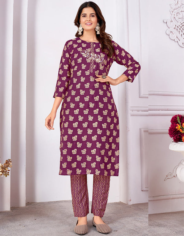 glamorous wine rayon beautiful looking readymade top with bottom set straight design pant of-13736-acy4582 Front View