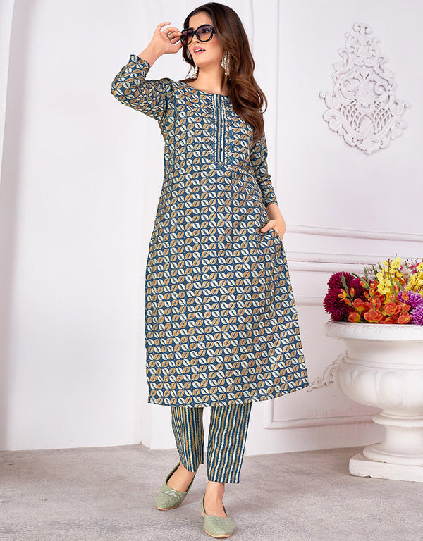 contemporary blue rayon beautiful looking readymade top with bottom set straight design pant of-13736-acy4583 Front View