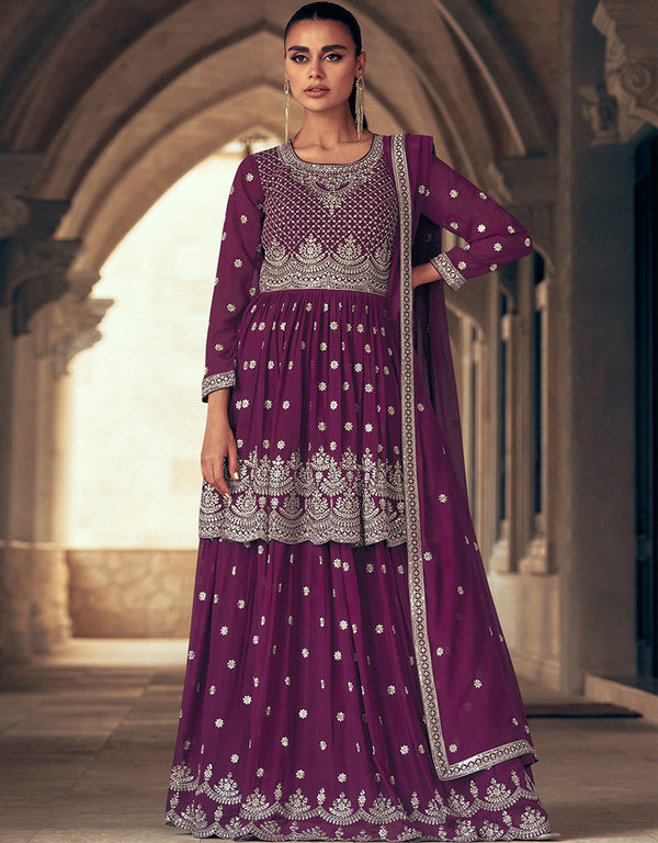 stylish wine georgette garb party wear designer gharara suits pair with dupatta with wine georgette of-13737-acy4585 Front View