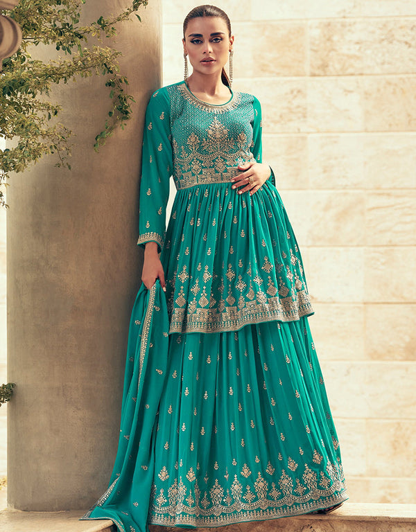 trendy rama georgette garb party wear designer gharara suits pair with dupatta with rama georgette of-13737-acy4587 Front View