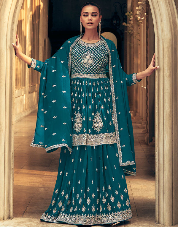fashionable blue georgette garb party wear designer gharara suits pair with dupatta with blue georgette of-13737-acy4589 Front View