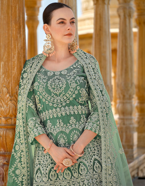 sleek green butterfly net attrective anarkali suit in fine colored pair with bottom and dupatta with green satin of-13738-acy4590 Close-up View
