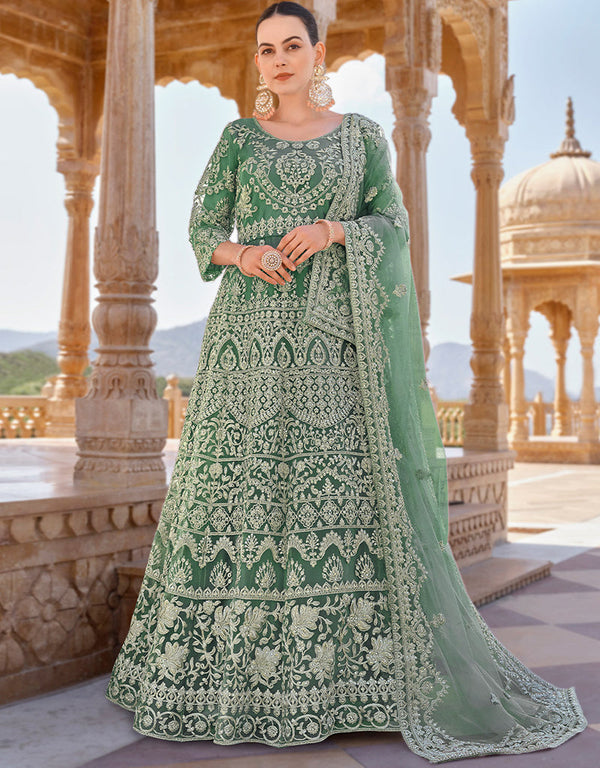 sleek green butterfly net attrective anarkali suit in fine colored pair with bottom and dupatta with green satin of-13738-acy4590 Front View