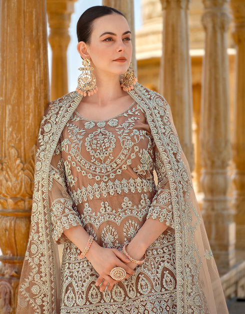 modern fawn butterfly net attrective anarkali suit in fine colored pair with bottom and dupatta with fawn satin of-13738-acy4591 Close-up View