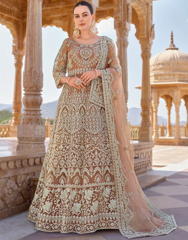 modern fawn butterfly net attrective anarkali suit in fine colored pair with bottom and dupatta with fawn satin of-13738-acy4591 Front View