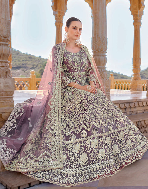 glamorous purple butterfly net attrective anarkali suit in fine colored pair with bottom and dupatta with purple satin of-13738-acy4593 Close-up View