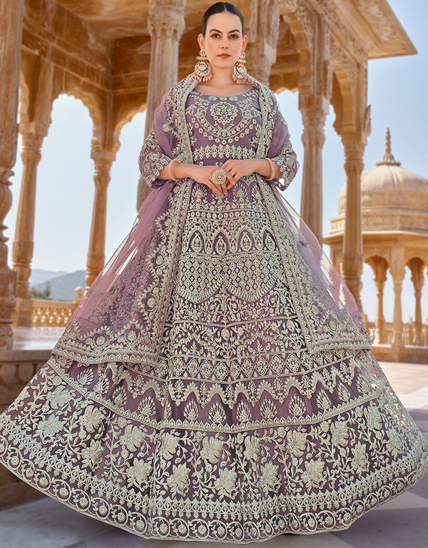 glamorous purple butterfly net attrective anarkali suit in fine colored pair with bottom and dupatta with purple satin of-13738-acy4593 Front View