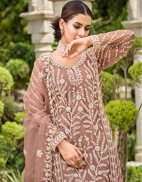 contemporary fawn butterfly net attrective designer party wear salwar suit with fawn satin of-13739-acy4594 Close-up View