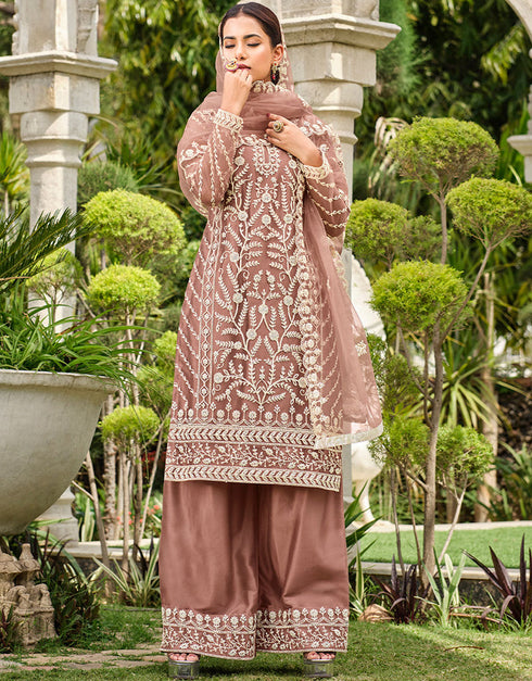 contemporary fawn butterfly net attrective designer party wear salwar suit with fawn satin of-13739-acy4594 Front View