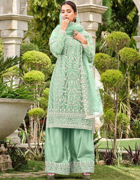 classy green butterfly net attrective designer party wear salwar suit with green satin of-13739-acy4595 Front View