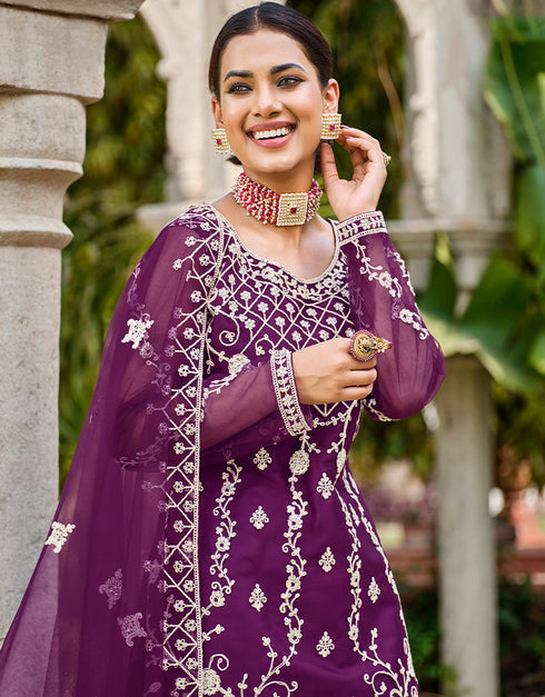 stylish purple butterfly net attrective designer party wear salwar suit with purple satin of-13739-acy4596 Close-up View