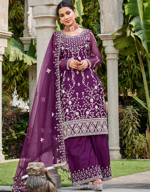 stylish purple butterfly net attrective designer party wear salwar suit with purple satin of-13739-acy4596 Front View