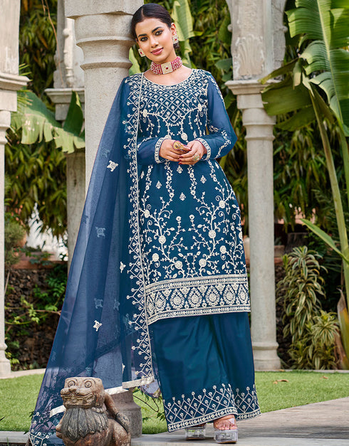 chic teal blue butterfly net attrective designer party wear salwar suit with teal blue satin of-13739-acy4597 Front View
