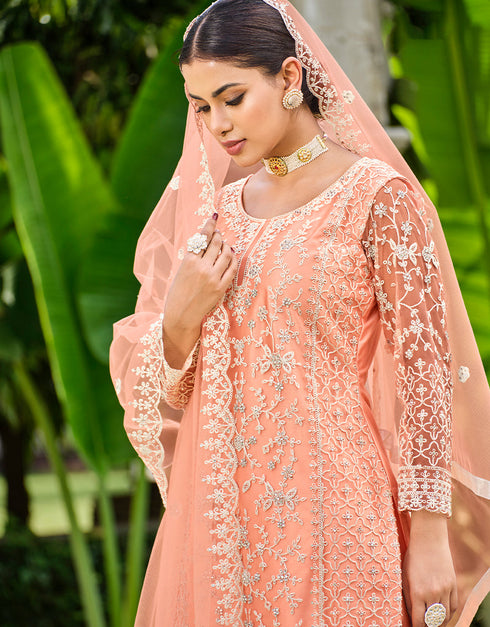 trendy orange butterfly net attrective designer party wear salwar suit with orange satin of-13739-acy4598 Close-up View