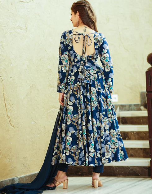 Blue Muslin Pant Anarkali Back View