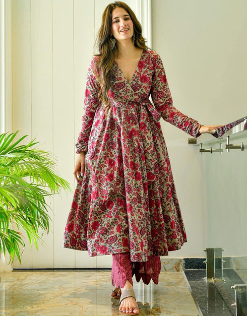 Cream Muslin Pant Anarkali Closure View