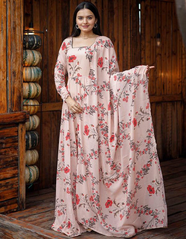 faux georgette all season designer heavy digital print faux georgette gown with dupatta gown with heavy digital print and cavern pink dupatta uf-11-aayaa1100001 Front View