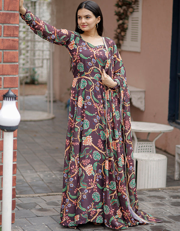faux georgette all season designer heavy digital print faux georgette gown with dupatta gown with heavy digital print and dusky purple dupatta uf-11-aayaa1100002 Front View