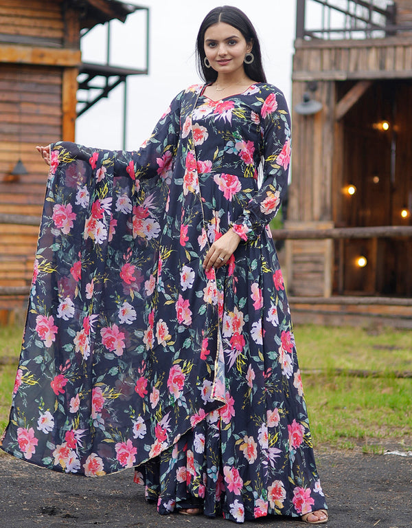 faux georgette all season designer heavy digital print faux georgette gown with dupatta suit with heavy digital print and pickled bluewood dupatta uf-11-aayaa1100004 Front View