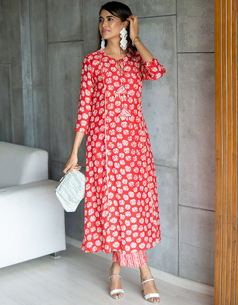 trendy red pure maslin designer pure maslin heavy digital print kurti & plazzo straight design pant uc-aayaa2003 Close-up View