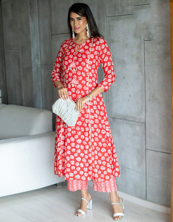 trendy red pure maslin designer pure maslin heavy digital print kurti & plazzo straight design pant uc-aayaa2003 Front View
