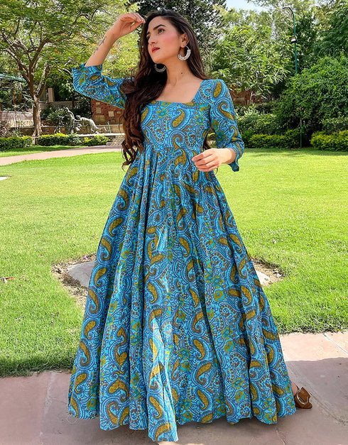 chathams blue pure ab cotton all season designer pure ab cotton heavy digital print multi gown heavy digital print details for gown uf-3-aayaa3001 Front View